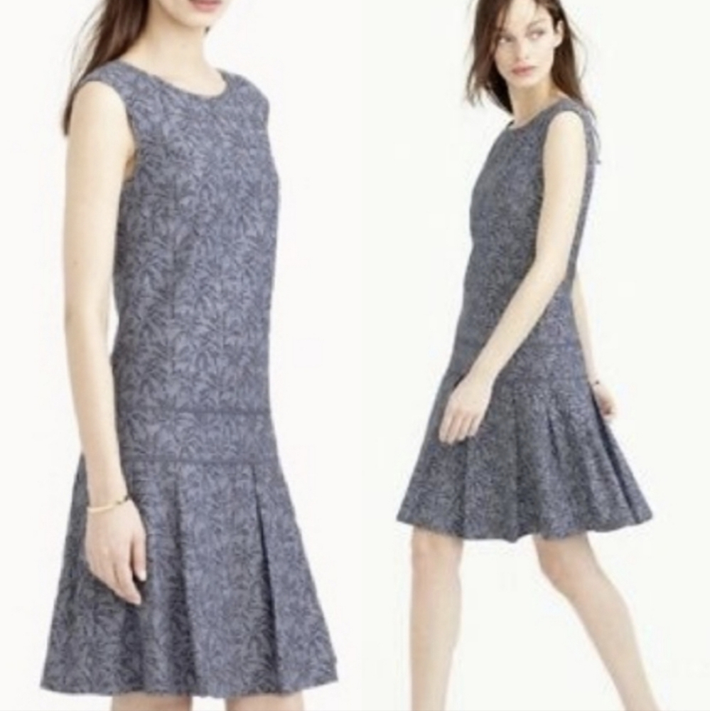 J. CREW Drop Waist Palm Branch Blue Knee Length Sleeveless Dress Size 2